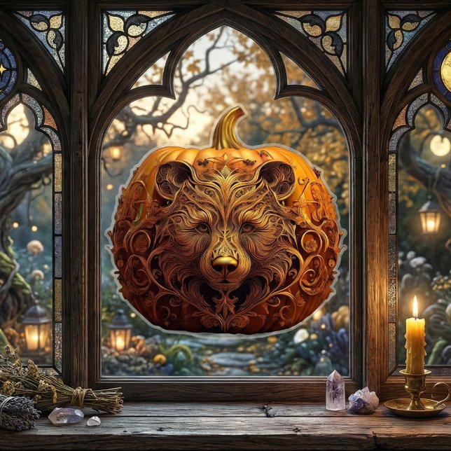 Harvest Guardian Bear Ornate Autumn Pumpkin Art (Whimsigoth Samhain Decor | Golden Bear Pumpkin Window Cling. Autumn gothic home decor bear spirit)
