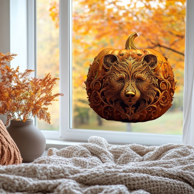 Harvest Guardian Bear Ornate Autumn Pumpkin Art (Halloween Thanksgiving pumpkin bear carving autumn fall window cling cozy autumn aesthetic autumnal)