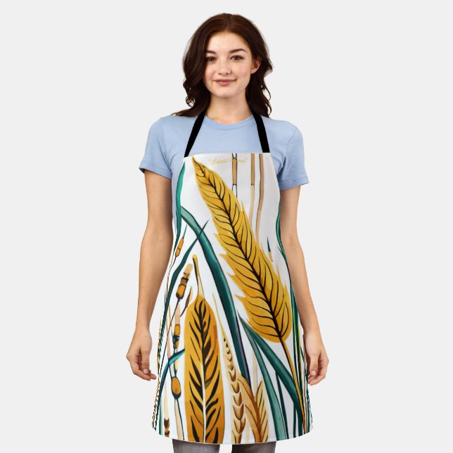 Harvest Harmony: A Wheat Pattern on a White Canvas Apron (Worn)