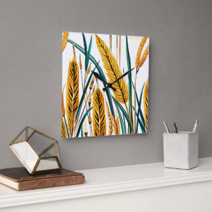 Harvest Harmony: A Wheat Pattern on a White Canvas Square Wall Clock