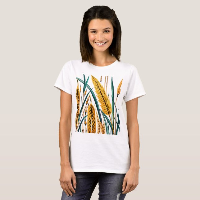 Harvest Harmony: A Wheat Pattern on a White Canvas T-Shirt (Front Full)