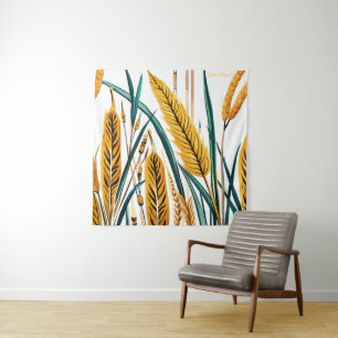 Harvest Harmony: A Wheat Pattern on a White Canvas Tapestry