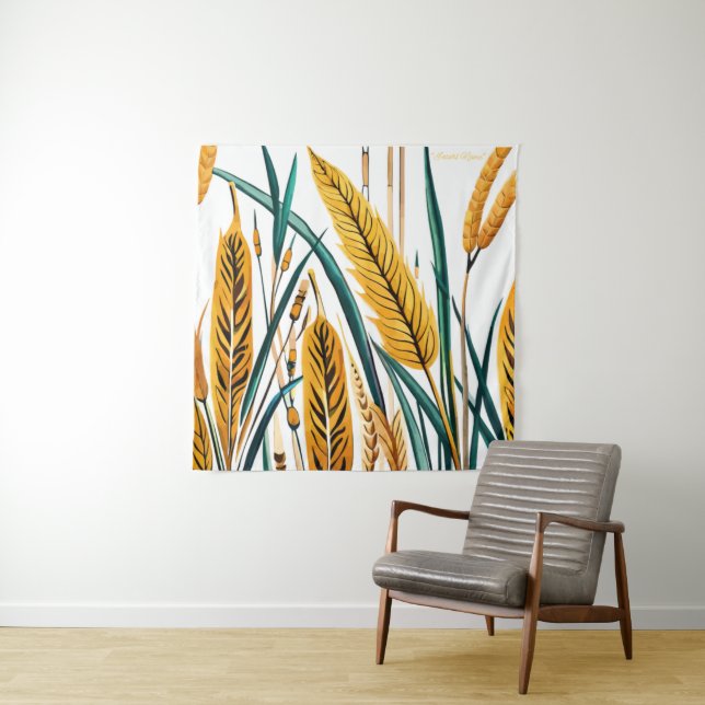 Harvest Harmony: A Wheat Pattern on a White Canvas Tapestry (In Situ)