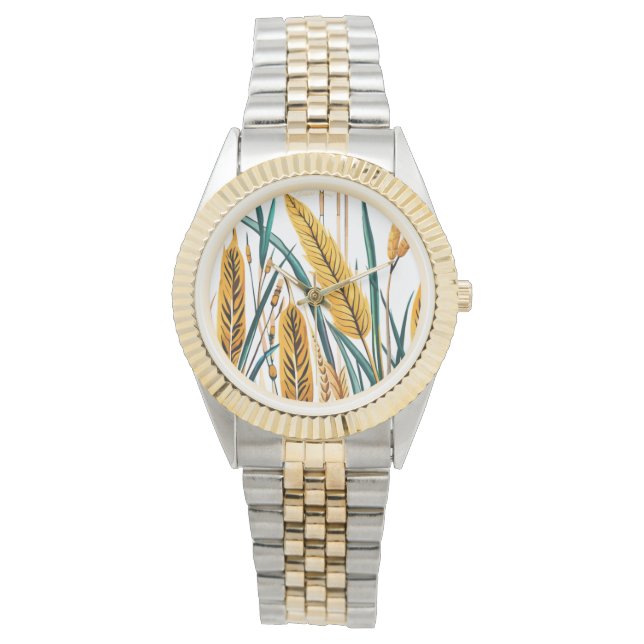 Harvest Harmony: A Wheat Pattern on a White Canvas Watch (Front)
