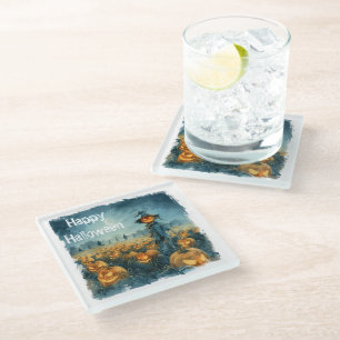 Harvest Howl – Scarecrow Beneath the Crescent Moon Glass Coaster