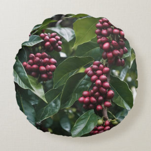 **"Harvest in Bloom: Coffee Beans on the Tree"** Round Cushion