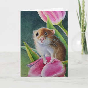 Harvest Mouse On Pink Tulip Spring Watercolor Art  Card