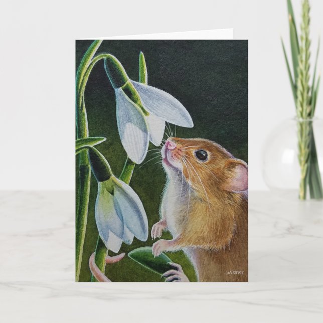 Harvest Mouse Smelling Snowdrops Watercolor Art Card (Front)