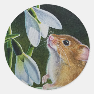 Harvest Mouse Smelling Snowdrops Watercolor Art Classic Round Sticker