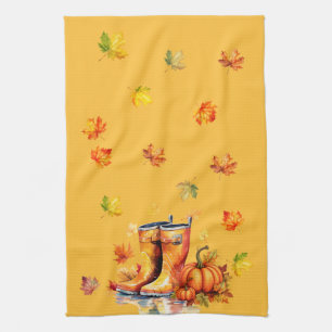 Harvest Pumpkin Patch - Fall Rain Boots  Tea Towel