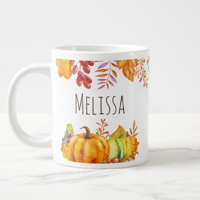Harvest Pumpkins and Autumn Leaves Border Large Coffee Mug (Left)