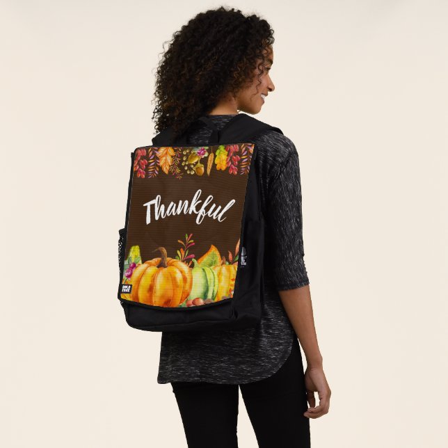 Harvest Pumpkins and Autumn Leaves Border Thankful Backpack (Worn)