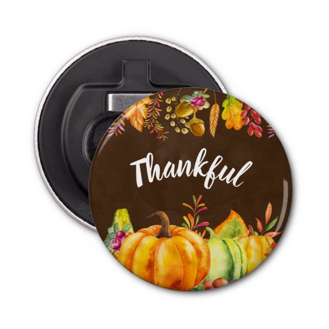 Harvest Pumpkins and Autumn Leaves Border Thankful Bottle Opener (Front)