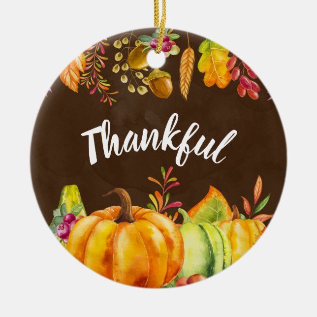 Harvest Pumpkins and Autumn Leaves Border Thankful Ceramic Ornament (Front)