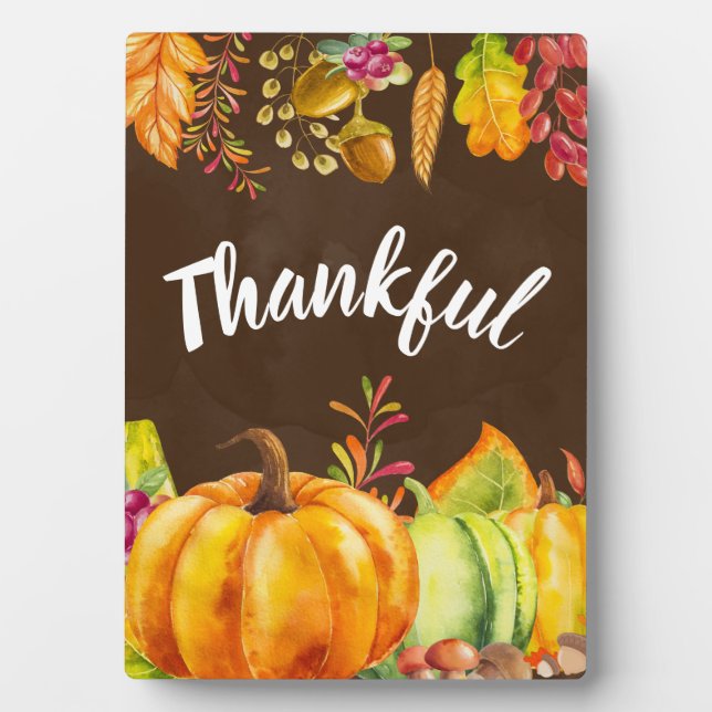 Harvest Pumpkins and Autumn Leaves Border Thankful Plaque (Front)