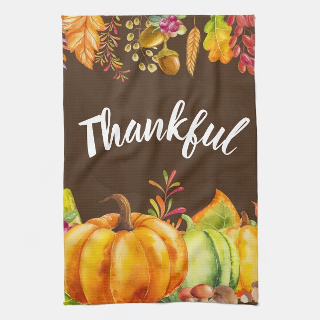Harvest Pumpkins and Autumn Leaves Border Thankful Tea Towel (Vertical)
