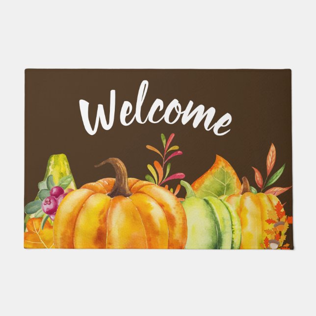 Harvest Pumpkins and Autumn Leaves Border Welcome Doormat (Front)