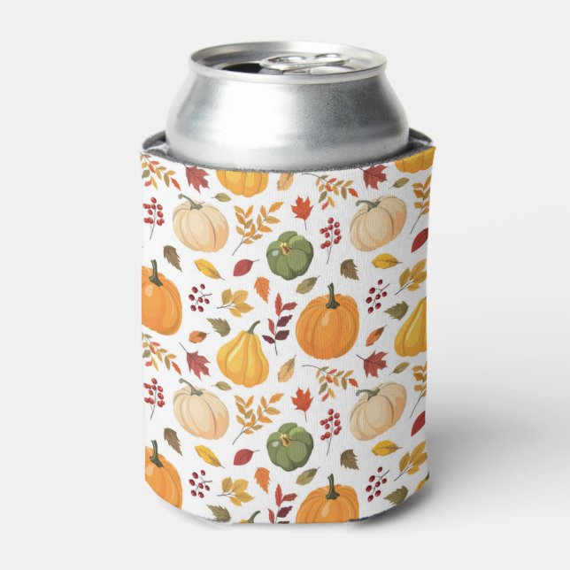 Harvest Pumpkins and Autumn Leaves Pattern Can Cooler (Can Front)