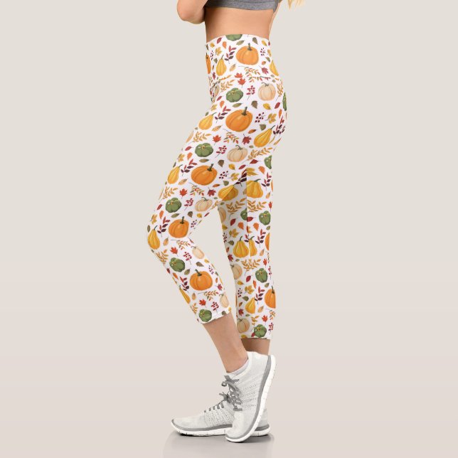 Harvest Pumpkins and Autumn Leaves Pattern Capri Leggings (Left)