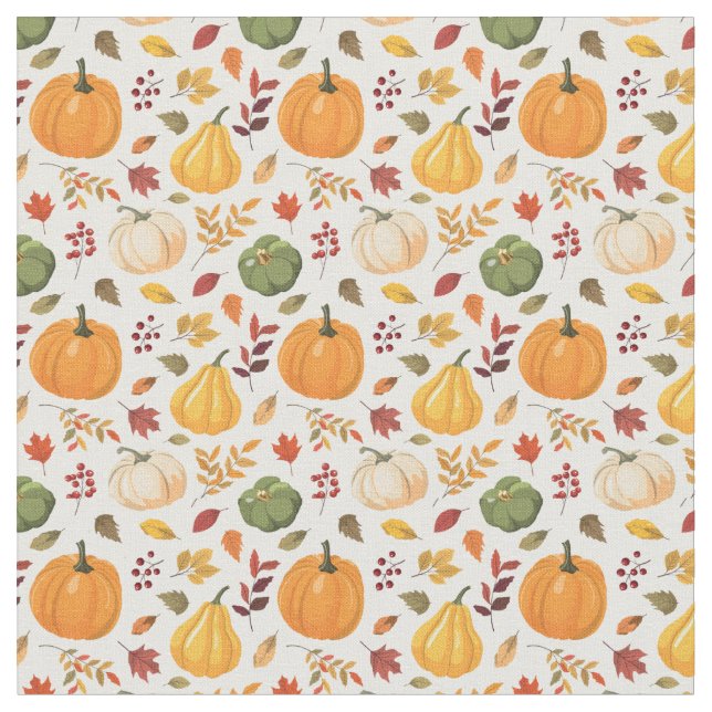 Harvest Pumpkins and Autumn Leaves Pattern Fabric (Close Up)