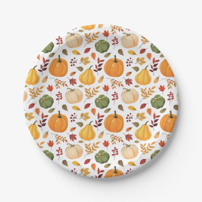 Harvest Pumpkins and Autumn Leaves Pattern Paper Plate (Front)