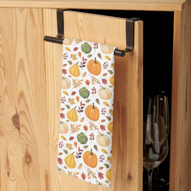 Harvest Pumpkins and Autumn Leaves Pattern Tea Towel (Thirds Fold)