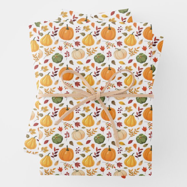 Harvest Pumpkins and Autumn Leaves Pattern Wrapping Paper Sheet (In situ)