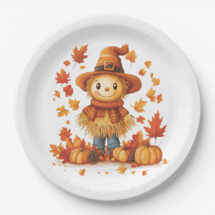 Harvest Scarecrow with Autumn Leaves and Pumpkins Paper Plate