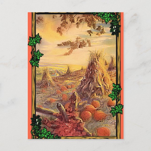 Harvest stooks and pumpkins postcard (Front)