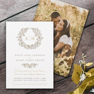 Harvest stylised wreath monogram wedding photo invitation