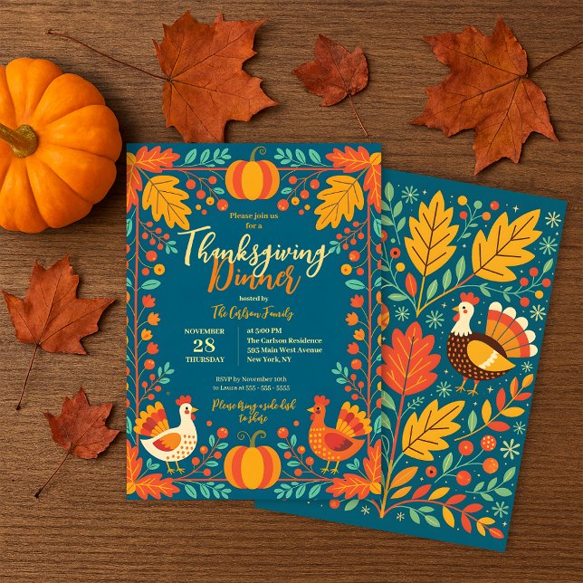 Harvest Turkey Folk Art Autumn Leaves Thanksgiving Invitation (Creator Uploaded)