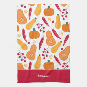 Harvest Vegetable Pattern with Name Orange and Red Tea Towel