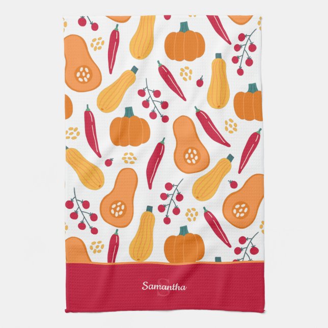 Harvest Vegetable Pattern with Name Orange and Red Tea Towel (Vertical)