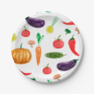 Harvest vegetables tomato pepper carrot mushroom c paper plate