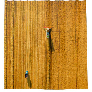 Harvester machine working in field. Combine harves Shower Curtain