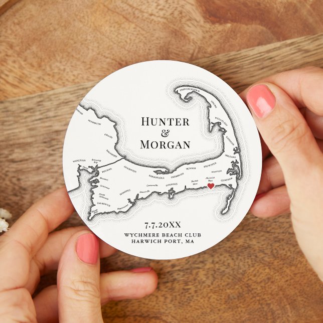 Harwich Port MA Wychmere Beach Club Wedding Round Paper Coaster (Custom Wedding Drink Coaster with a Harwich Port Cape Cod Map for a wedding at Wychmere Beach Club)