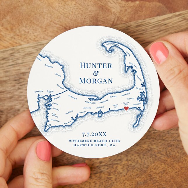 Harwich Port MA Wychmere Beach Club Wedding Round Paper Coaster (Wychmere Beach Club Wedding Drink Coaster with Elegant Navy Blue Map from Coastal Map Designs)