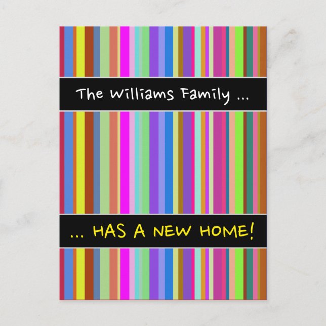 "... HAS A NEW HOME!" + Stripes of Various Colours Announcement Postcard (Front)