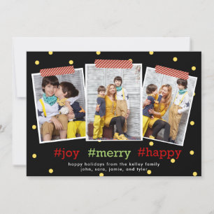 Hashtag Holidays, Joy Merry Happy, Three Photo Holiday Card