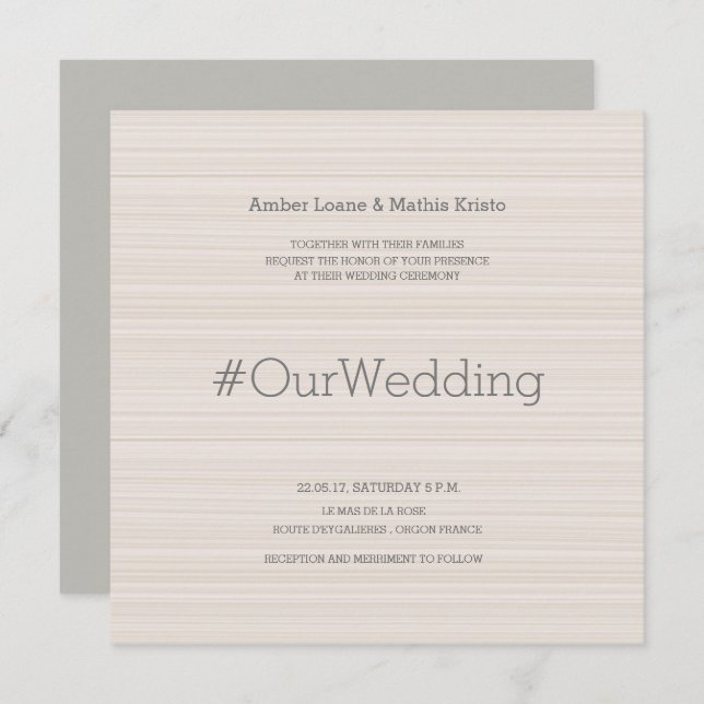 Hashtag modern elegant blush grey stripes wedding invitation (Front/Back)