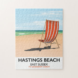 Hastings Beach, East Sussex vintage travel poster Jigsaw Puzzle