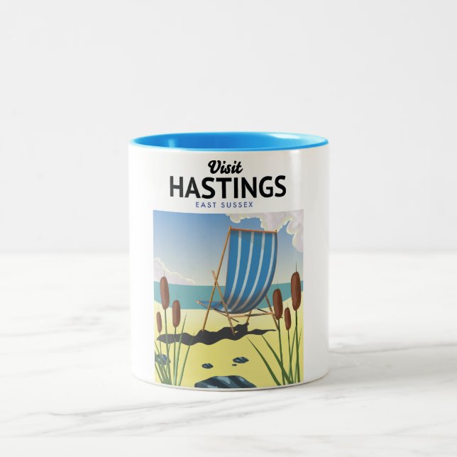 Hastings East Sussex beach travel poster Two-Tone Coffee Mug (Center)