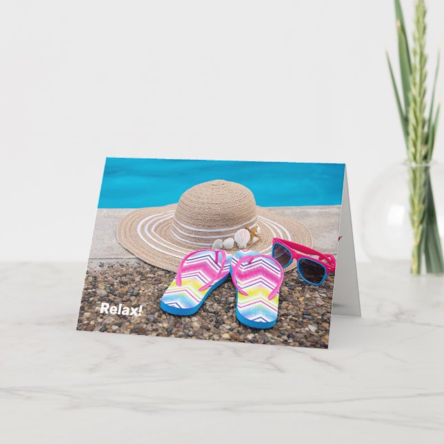 hat and flip flops by pool birthday card (Front)