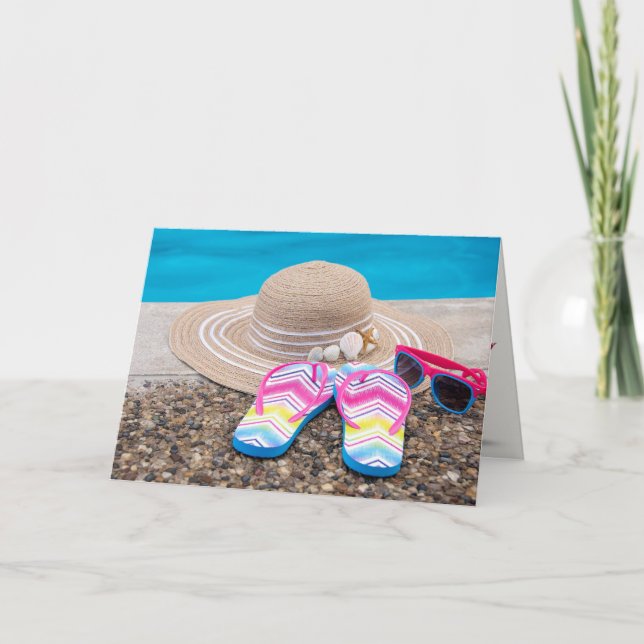 hat and flip flops by pool Name Day Card (Front)