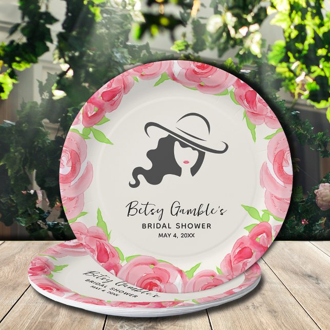 Hat and Watercolor Roses Derby Bridal Shower Paper Plate (Creator Uploaded)