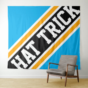 HAT TRICK Azure Blue Black Yellow Hockey Stripes Tapestry
