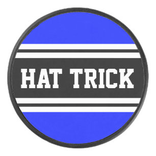 HAT TRICK Bright Blue Black White Racing Stripes Hockey Puck