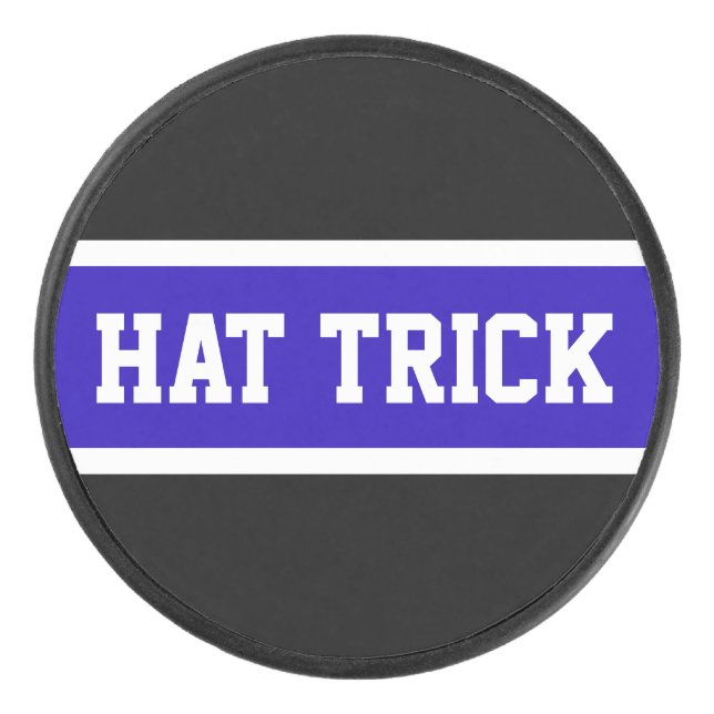 HAT TRICK Bright Royal Blue White Black Stripes Hockey Puck (Front)
