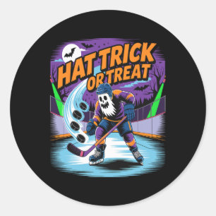 Hat Trick Or Treat Funny Ice Hockey Ghost Hallowee Classic Round Sticker