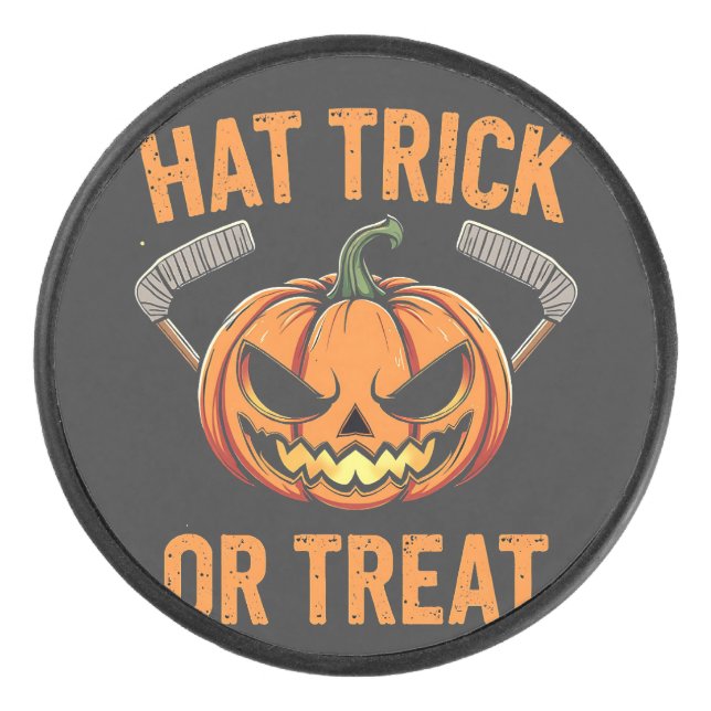 Hat Trick or Treat Spooky Halloween ice Hockey   Puck (Front)